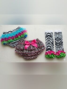 Handmade Maximalist Baby Girl Animal Print Diaper Cover Set & Leg Warmer 12-18